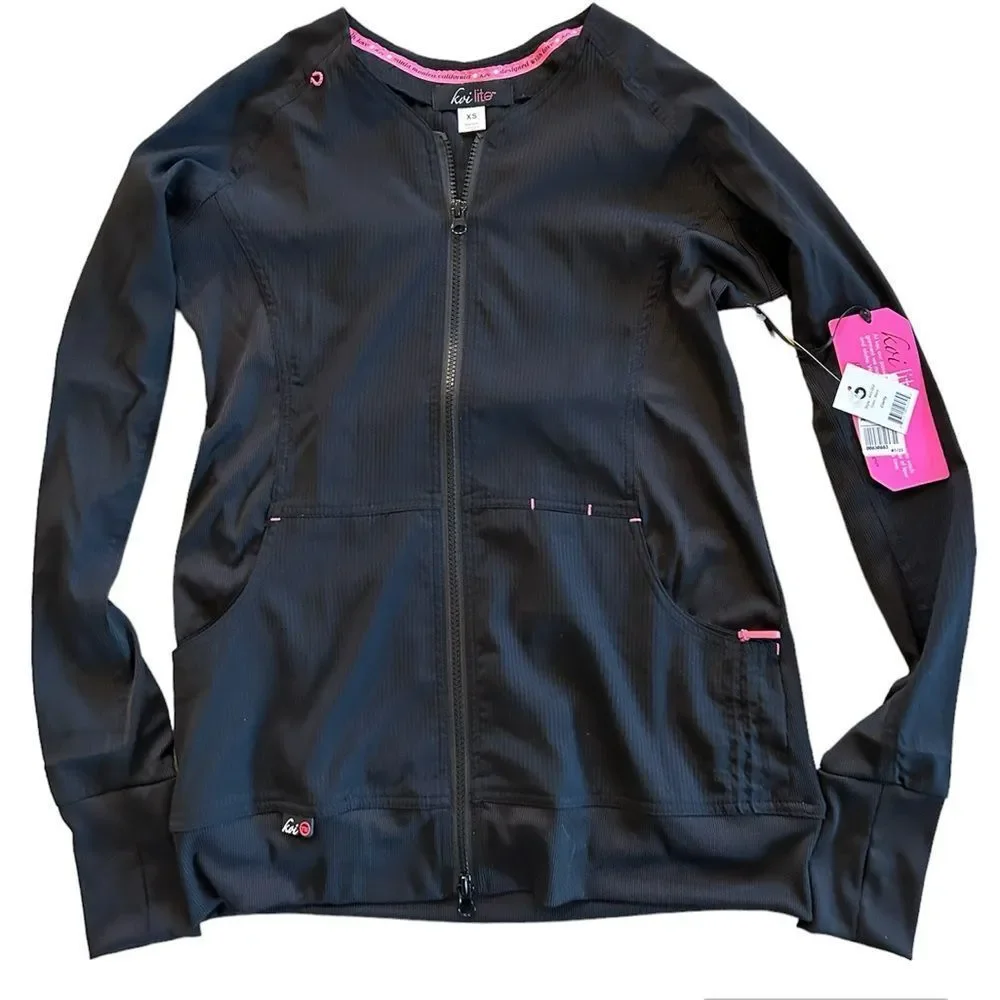 KOI Lite Women's Clarity Zip Front Solid Scrub Jacket LE, size XS, NWT, black